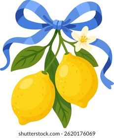 Colorful illustration of two ripe lemons with lush green leaves, a white flower, and a blue ribbon