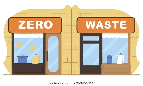 Colorful illustration of two storefronts labeled Zero and Waste, showcasing eco-friendly products and a sustainable lifestyle, emphasizing environmental consciousness and community engagement