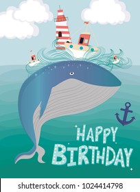 Colorful illustration with underwater life and whale. Ocean life poster, background. Happy birthday card.  Editable vector illustration