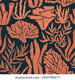 Colorful illustration of underwater world. Vector seamless pattern with hand drawn orange coral and seaweed on dark blue background. Beautiful sea reef life tile with organic vibrant shapes.