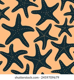 Colorful illustration of underwater world. Vector seamless pattern with hand drawn dark blue starfish on yellow background. Beautiful tile with sea coast life organic vibrant shapes. Ocean aesthetics.