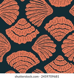 Colorful illustration of underwater world. Vector seamless pattern with hand drawn orange scallop shells on dark blue background. Beautiful sea coast tile with organic vibrant shapes. Ocean aesthetics