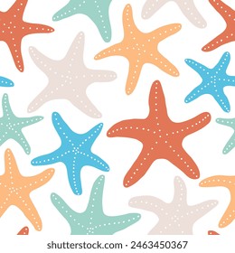 Colorful illustration of underwater world. Vector seamless pattern with hand drawn starfish on white background. Beautiful sea coast tile. Endless fill with organic vibrant shapes. Ocean aesthetics.