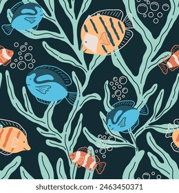 Colorful illustration of underwater world. Vector seamless pattern with hand drawn fish and seaweed on dark blue background. Beautiful sea reef life tile with organic vibrant shapes. Ocean aesthetics.