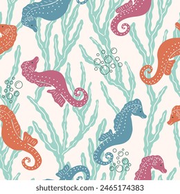 Colorful illustration of underwater world. Vector seamless pattern with hand drawn seahorse and seaweed on white background. Beautiful sea reef life tile with organic vibrant shapes. Ocean aesthetics.