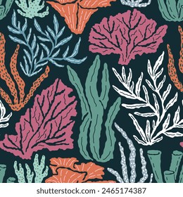 Colorful illustration of underwater world. Vector seamless pattern with hand drawn coral and seaweed on dark blue background. Beautiful sea reef life tile with organic vibrant shapes. Ocean aesthetics