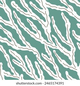 Colorful illustration of underwater world. Vector seamless pattern with hand drawn seaweed on dark green background. Beautiful underwater life tile with organic vibrant shapes. Ocean aesthetics.