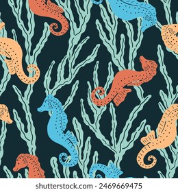 Colorful illustration of underwater world. Vector seamless pattern with hand drawn seahorse and seaweed on dark blue background. Beautiful sea life tile with organic vibrant shapes. Ocean aesthetics.