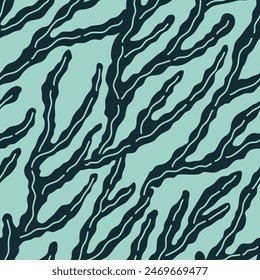 Colorful illustration of underwater world. Vector seamless pattern with hand drawn seaweed on green background. Beautiful underwater life tile with organic vibrant shapes. Ocean aesthetics.