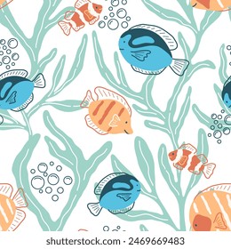 Colorful illustration of underwater world. Vector seamless pattern with hand drawn fish and seaweed on white background. Beautiful sea reef life tile with organic vibrant shapes. Ocean aesthetics.