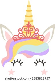 Colorful illustration of a unicorn face with rainbow hair, golden horn, princess tiara crown, closed eyes and eyelashes, isolated on white background