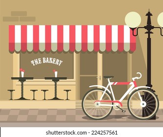 colorful illustration of urban small bakery with tables next to her bicycle near a lamppost in a flat style 