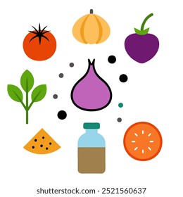 A colorful illustration of a variety of fresh ingredients for a delicious salad, featuring a tomato, onion, garlic, eggplant, basil, watermelon, and a bottle of salad dressing.