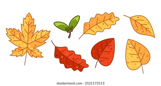 Ilustración Colorida De Varias Hojas De Otoño En Tonos Cálidos Que Muestran La Belleza De La Temporada De Otoño. Colección vibrante