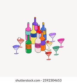 Colorful illustration of various bottles and glasses. Bottles labeled as juice, beer, and drink. Vibrant, playful, and artistic design of bottles and glasses. Drink illustration vector.