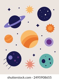 A colorful illustration of various celestial bodies, including planets, stars, and moons. This image is perfect for educational purposes, children's books, or any project that needs a touch of space-t