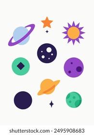 A colorful illustration of various celestial bodies, including planets, stars, moons, and comets. These objects are depicted in a simple, cartoon style, making them perfect for educational materials, 