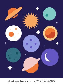 A colorful illustration of various celestial bodies in space, including planets, a star, and a moon. The illustration is perfect for adding a touch of whimsy and wonder to any project. It can be used 