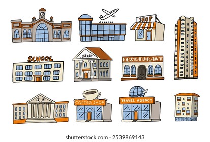 A colorful illustration of various city buildings including an airport, school, library, and restaurant