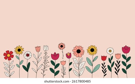 A colorful illustration of various flowers and plants arranged in a row against a light pink background.

