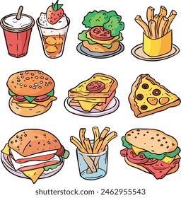 Una ilustración colorida de varios alimentos y bebidas. Incluye bebidas como vino tinto, vino blanco y cócteles; alimentos como sándwiches, pizza, pastel, hamburguesas y una rodaja de quiche.