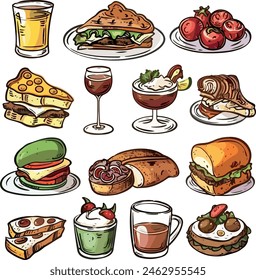 Una ilustración colorida de varios alimentos y bebidas. Incluye bebidas como vino tinto, vino blanco y cócteles; alimentos como sándwiches, pizza, pastel, hamburguesas y una rodaja de quiche.