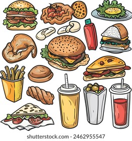 Una ilustración colorida de varios alimentos y bebidas. Incluye bebidas como vino tinto, vino blanco y cócteles; alimentos como sándwiches, pizza, pastel, hamburguesas y una rodaja de quiche.