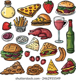 Una ilustración colorida de varios alimentos y bebidas. Incluye bebidas como vino tinto, vino blanco y cócteles; alimentos como sándwiches, pizza, pastel, hamburguesas y una rodaja de quiche.