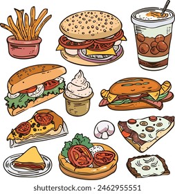 Una ilustración colorida de varios alimentos y bebidas. Incluye bebidas como vino tinto, vino blanco y cócteles; alimentos como sándwiches, pizza, pastel, hamburguesas y una rodaja de quiche.