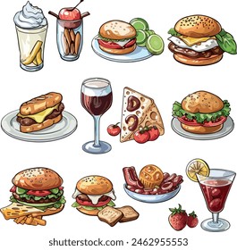 Una ilustración colorida de varios alimentos y bebidas. Incluye bebidas como vino tinto, vino blanco y cócteles; alimentos como sándwiches, pizza, pastel, hamburguesas y una rodaja de quiche.