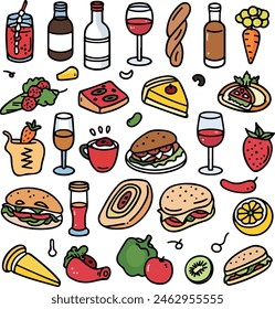 Una ilustración colorida de varios alimentos y bebidas. Incluye bebidas como vino tinto, vino blanco y cócteles; alimentos como sándwiches, pizza, pastel, hamburguesas y una rodaja de quiche.