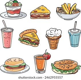 Una ilustración colorida de varios alimentos y bebidas. Incluye bebidas como vino tinto, vino blanco y cócteles; alimentos como sándwiches, pizza, pastel, hamburguesas y una rodaja de quiche.