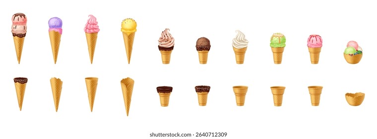 Colorful illustration of various ice cream cones and waffle bowls in different flavors presented on a white background. Perfect for dessert menus and summer celebrations.