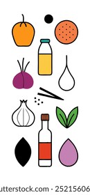 A colorful illustration of various ingredients for cooking, perfect for adding a touch of vibrancy to your culinary designs. This graphic is ideal for food-related projects, recipes.