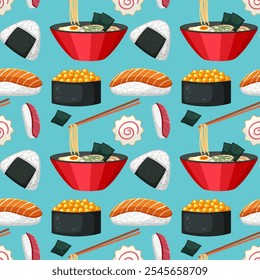 Colorful illustration of various Japanese dishes