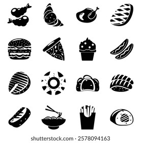 A colorful illustration of various japanese fast food items with black solid color style icons, including burgers, pizza, ice cream, hot dogs, tacos, sushi, and fries, arranged in a grid pattern