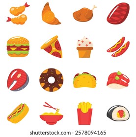 A colorful illustration of various japanese fast food items with flat style icons, including burgers, pizza, ice cream, hot dogs, tacos, sushi, and fries, arranged in a grid pattern