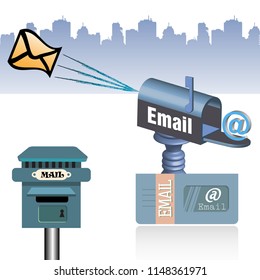 Colorful illustration with various mailboxes and the word email written on the mailbox. Email concept