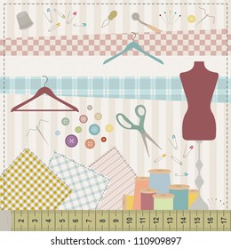 Colorful illustration of various sewing tools and fabrics.