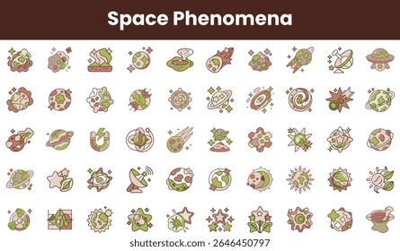 A colorful illustration of various space phenomena including planets, stars, and astronomical events, featuring a whimsical design with green and brown tones.
