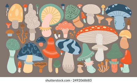 A colorful illustration of various whimsical mushrooms in different shapes and sizes. This cartoon-style design features an array of vibrant fungi, making it perfect for nature-themed projects.