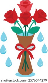 Colorful Illustration of Vase with Red Roses and Falling Blue Water Drops