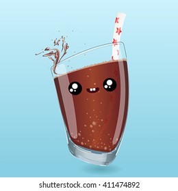 Colorful illustration. Vector. In cartoon style. Carbonated drink smiling, chocolate emotions, a lot of bubbles,dancing and splashed. Using the graphic design a greeting card,web design logos and more