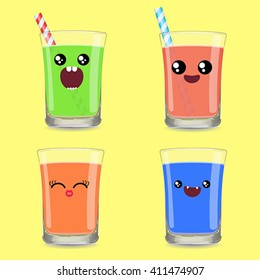 Colorful illustration. Vector. In cartoon style.Collection of transparent glasses with multi-colored drinks and Straw for drinks.Using the graphic design as a greeting card, web design, logos and more