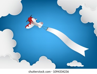 Colorful illustration vector of flat propeller red-white aircraft cartoon and blank advertising banner ribbon in the cloudy sky