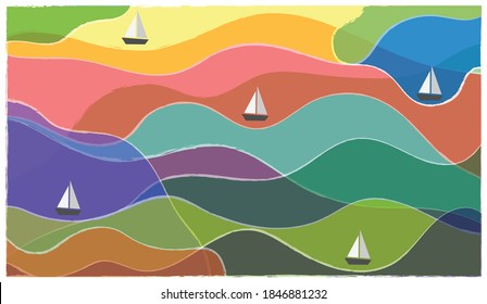 Colorful illustration vector graphics of abstract ocean waves and ships, perfect for sea themed backgrounds
