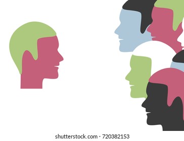 Colorful illustration. Vector head of a man talking to a crowd