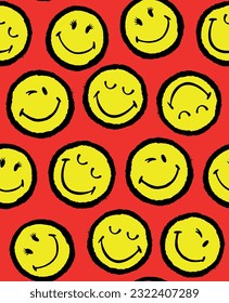 Colorful illustration of vector pattern of randomly scattered minimalist smiling faces. Art for wallpaper, fabrics and more.