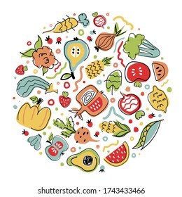 Colorful illustration with vegetarian in a circule shape. Vector artistic doodle drawing food and vegan poster. Farm market, natural, local, organic fruits and vegetables. 