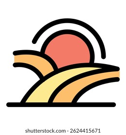 Colorful illustration of a vibrant sunset over rolling hills, evoking a sense of tranquility and natural beauty